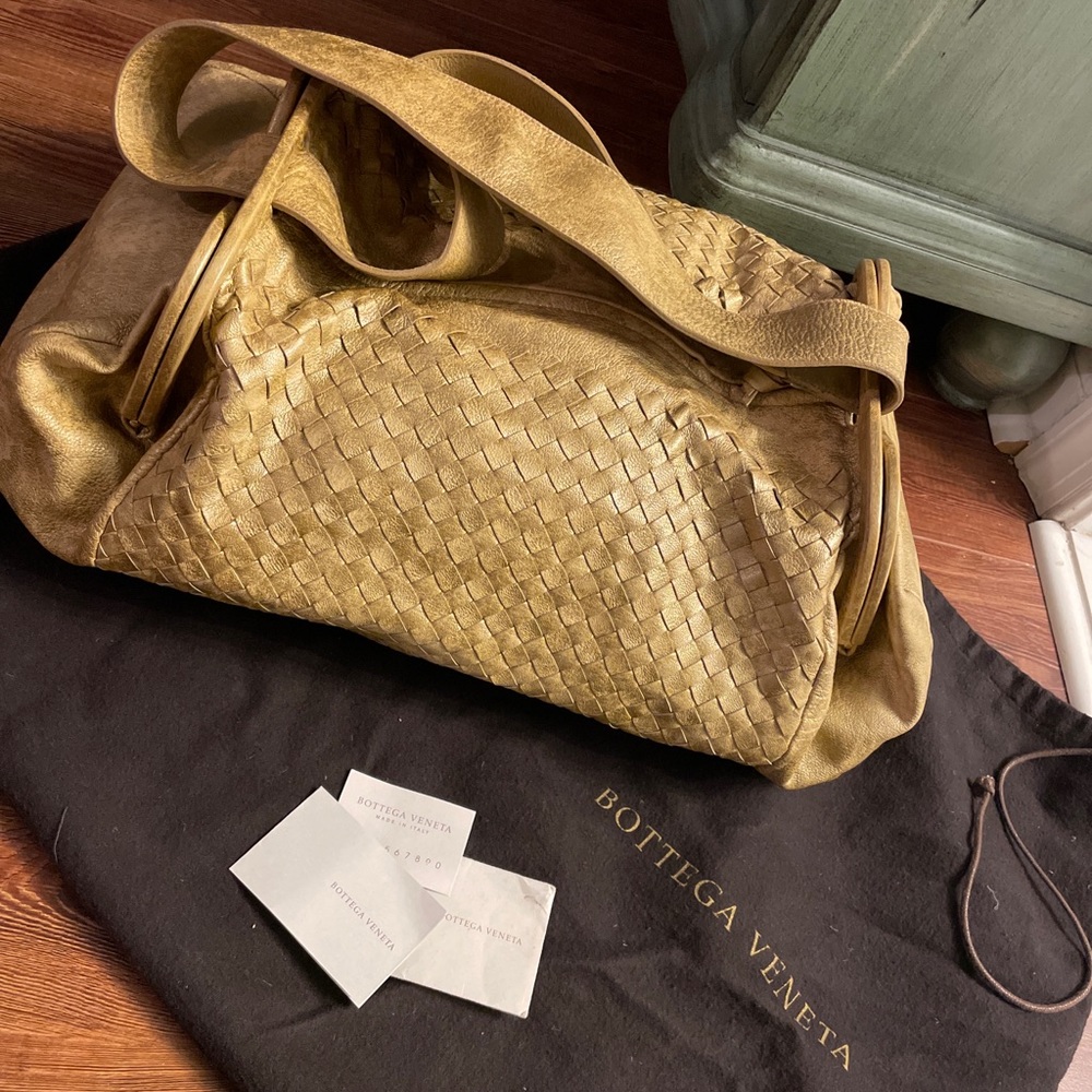 Vintage Bottega Veneta Nappa Purse Tote Duffel Bag Leather Metallic Gold